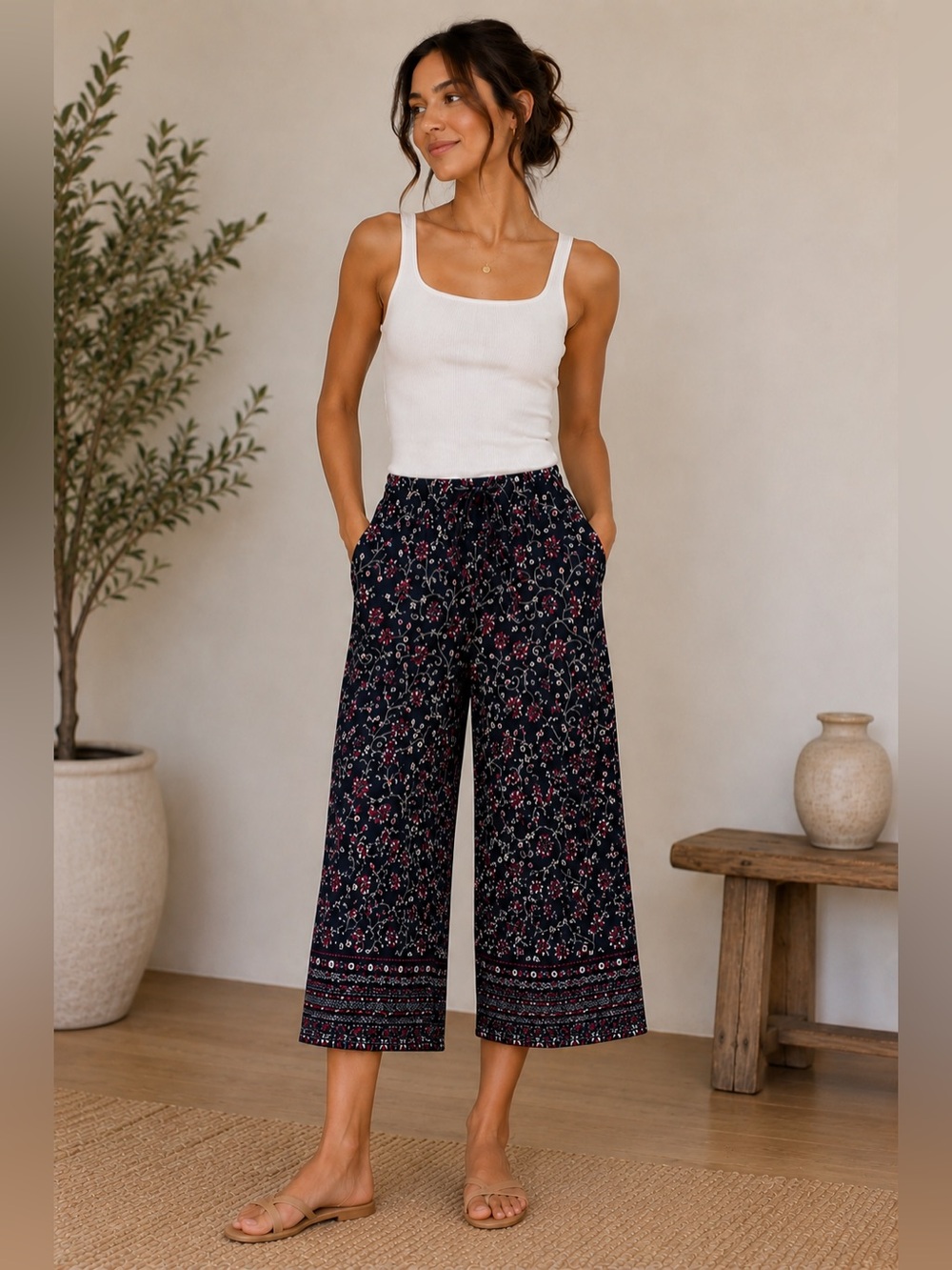 Sarah B Studio Floral Border Print Drawstring Pants
